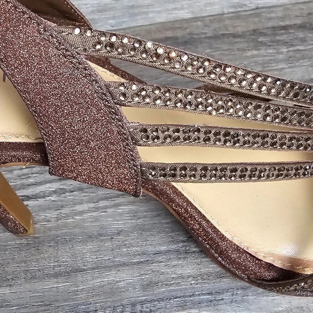 Gianni Bini Gliterati Sparkle Bronze Platform Open Toe Strappy Sandal Heel New